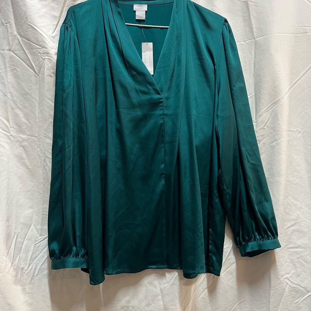 Chico's Teal V-Neck Long-Sleeve Blouse